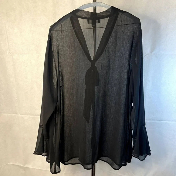AGB Sheer Black Tie Front Long Bell Sleeve Blouse Size 1X - Picture 2 of 10